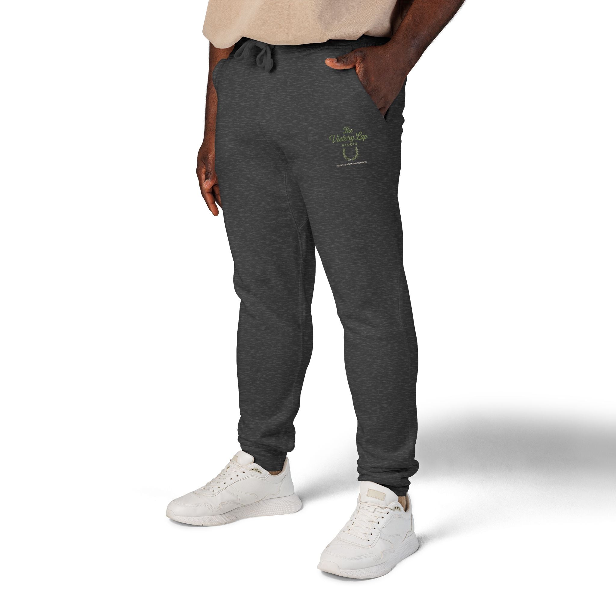 The Victory Lap Studio Anointed Threads-Embroidered Olive Green Sweatpants — Eco Plant Graphic Joggers