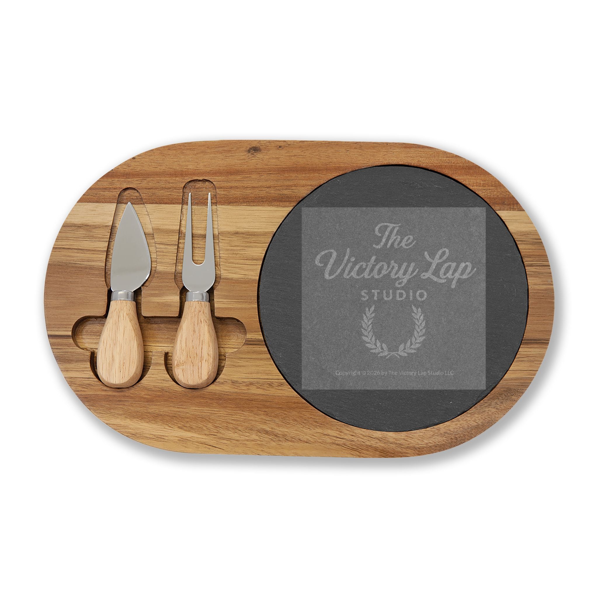 The Winners Circle- Acacia Charcuterie Board with Slate Insert & Cheese Tools