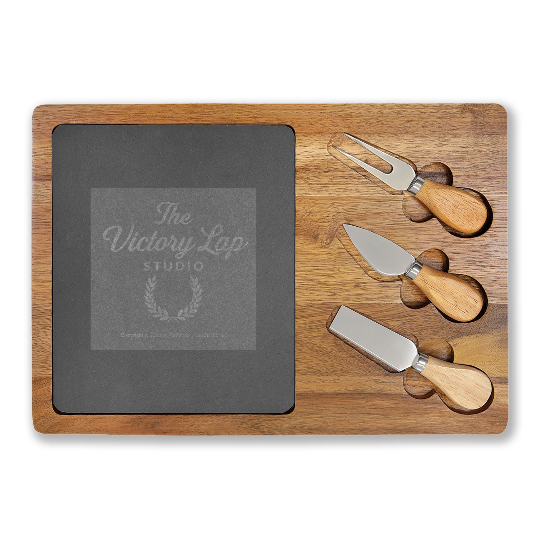 The Winners Circle- Acacia Charcuterie Board with Slate Insert & Cheese Tools