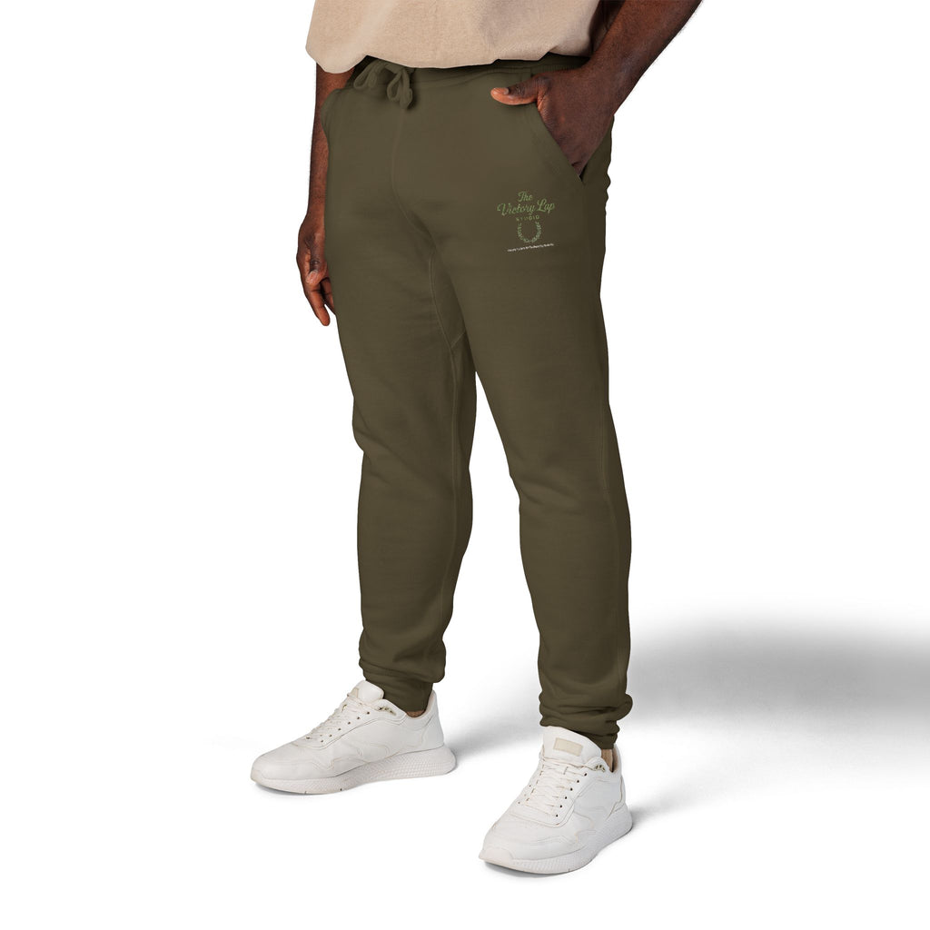 The Victory Lap Studio Anointed Threads-Embroidered Olive Green Sweatpants — Eco Plant Graphic Joggers