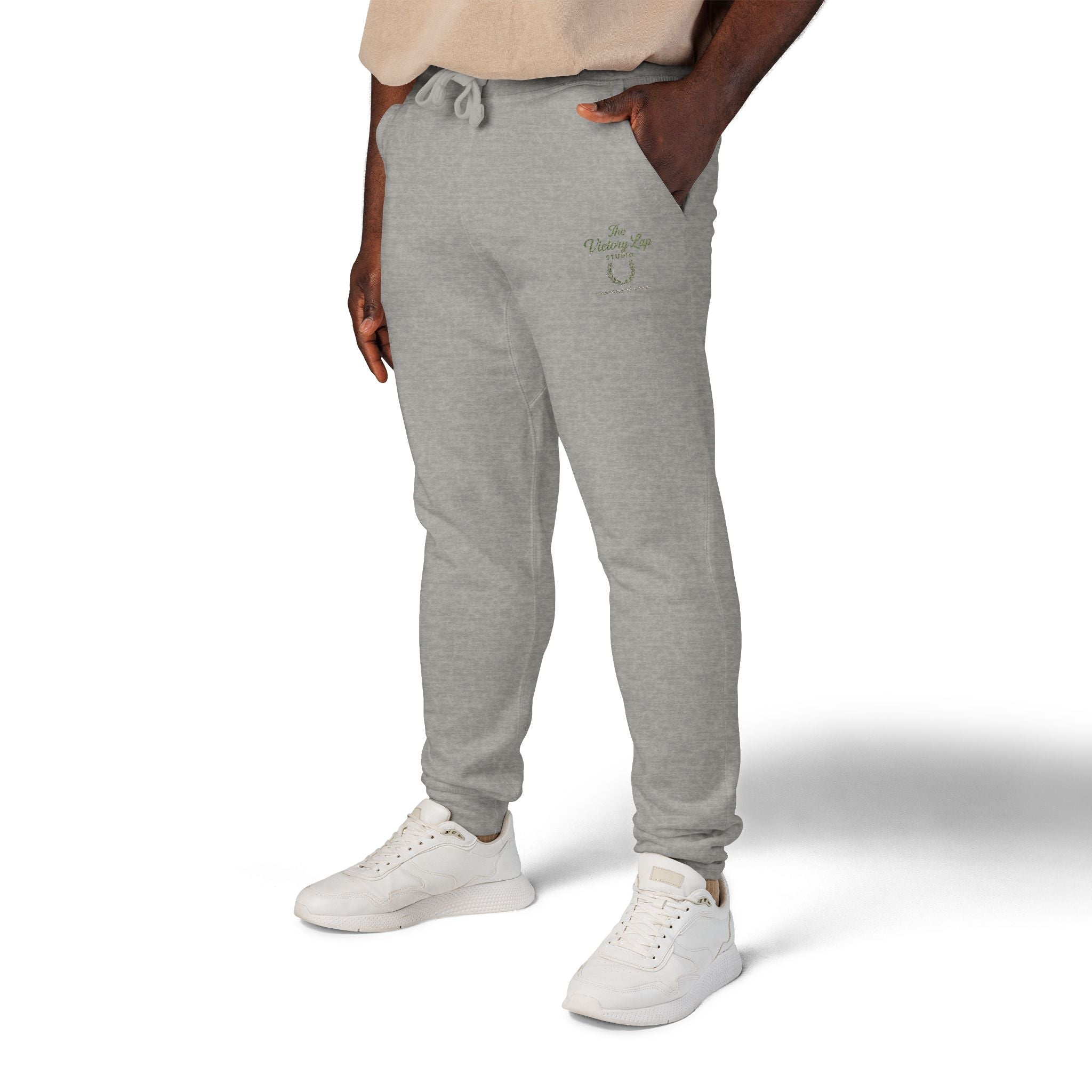 The Victory Lap Studio Anointed Threads-Embroidered Olive Green Sweatpants — Eco Plant Graphic Joggers